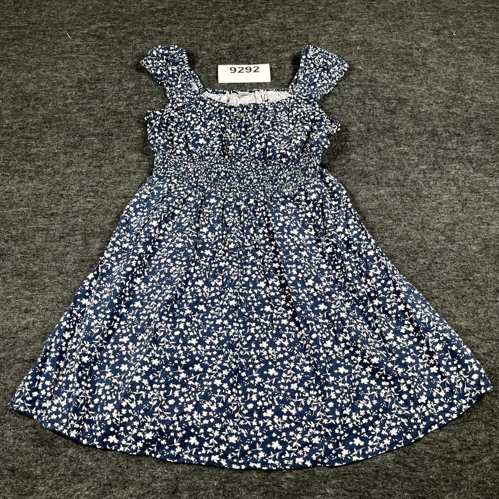 Old Navy Fit & Flare Dress Womens S Blue White Floral Smocked Cotton Square Neck